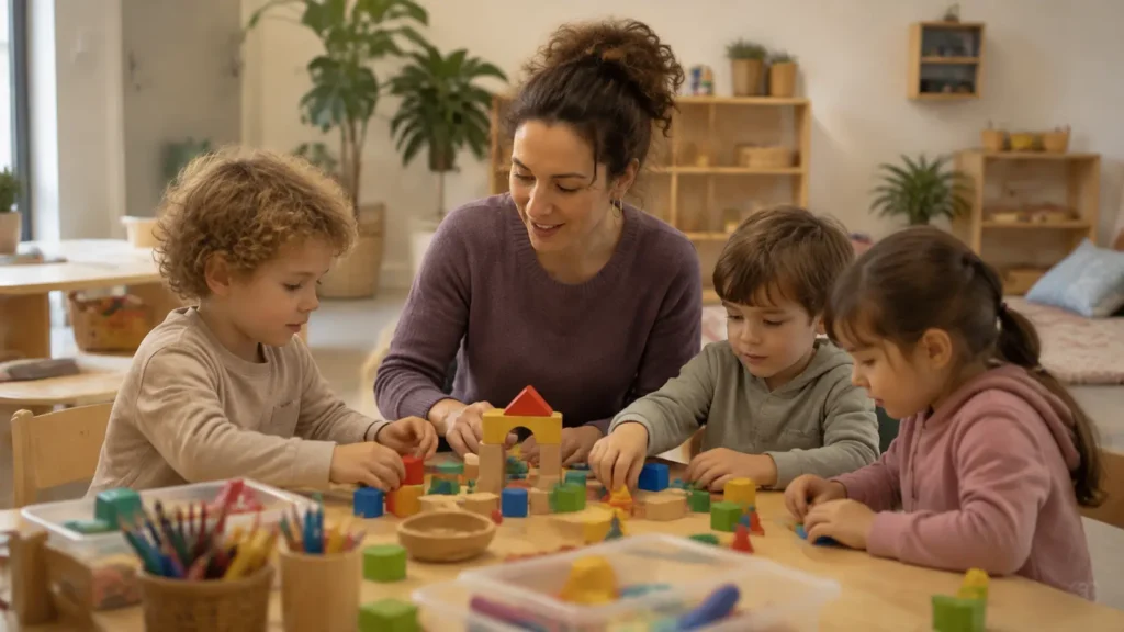 Una educadora juga amb tres infants en un espai de cura