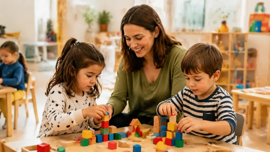 Una educadora acompanya dos infants que juguen amb blocs