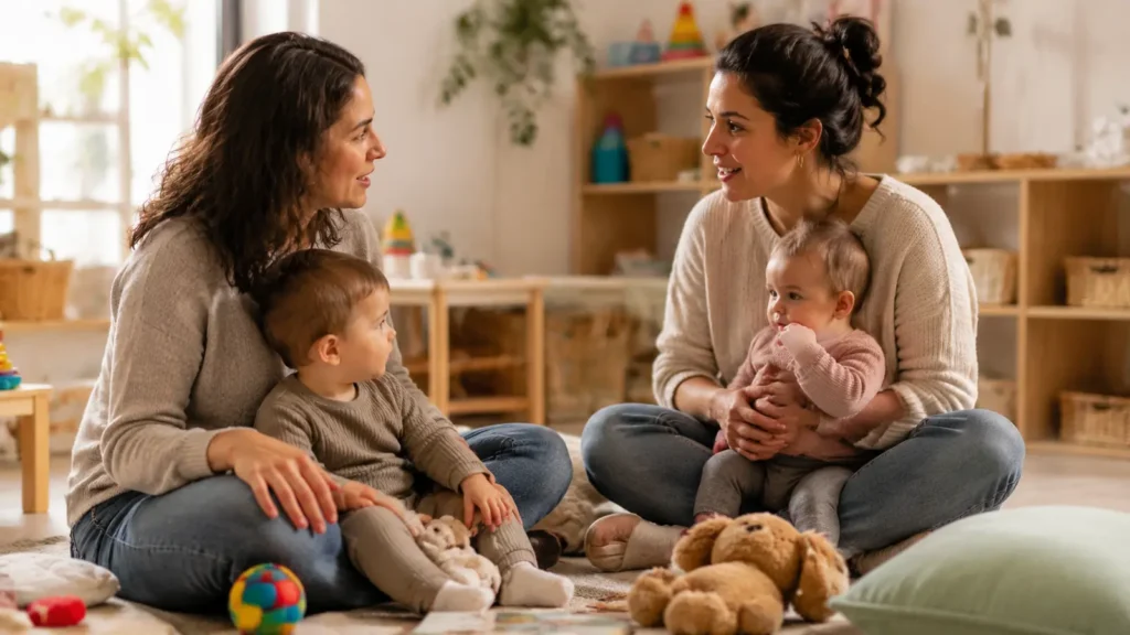 Dues mares conversen amb els seus infants en un espai familiar