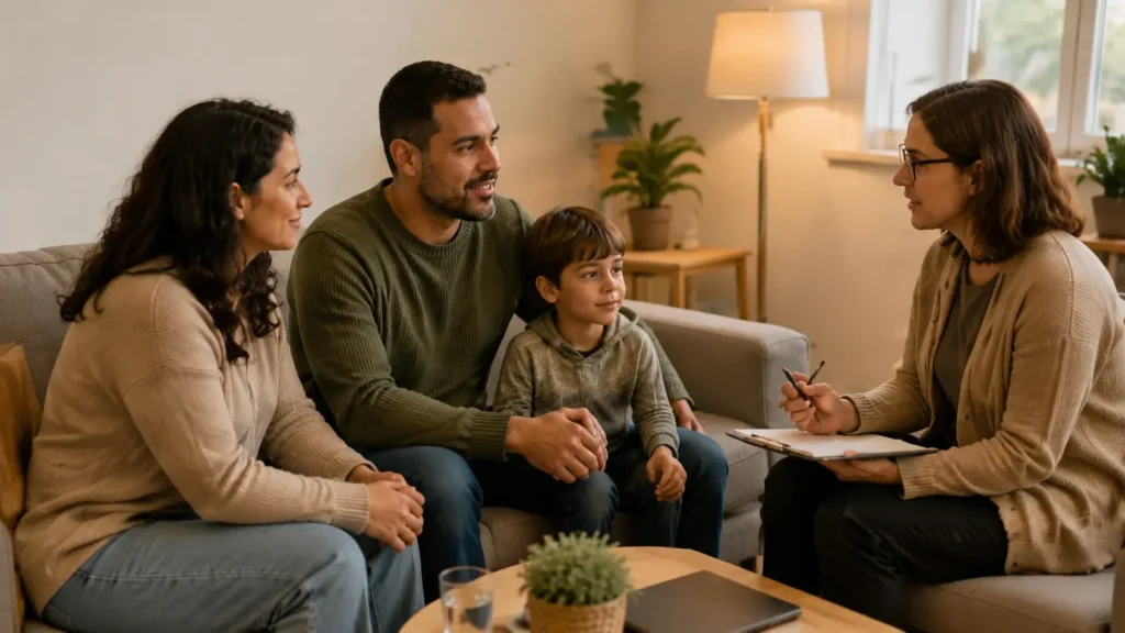 Una família conversa amb una professional d’acompanyament