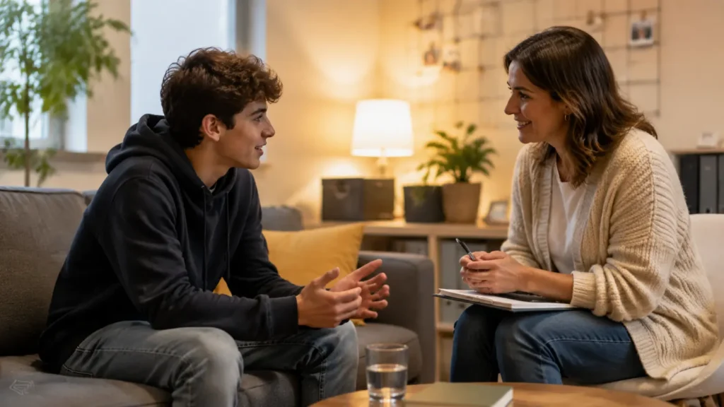 Un adolescent conversa amb una professional d’acompanyament psicològic